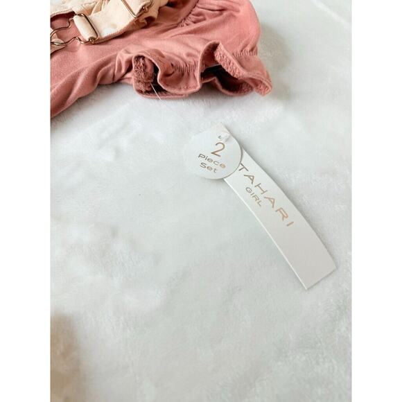 Tahari Girl 2T - Denim 2 PC Brand New Overalls Pink Polka Dot Ruffle Sleeve - Picture 4 of 13